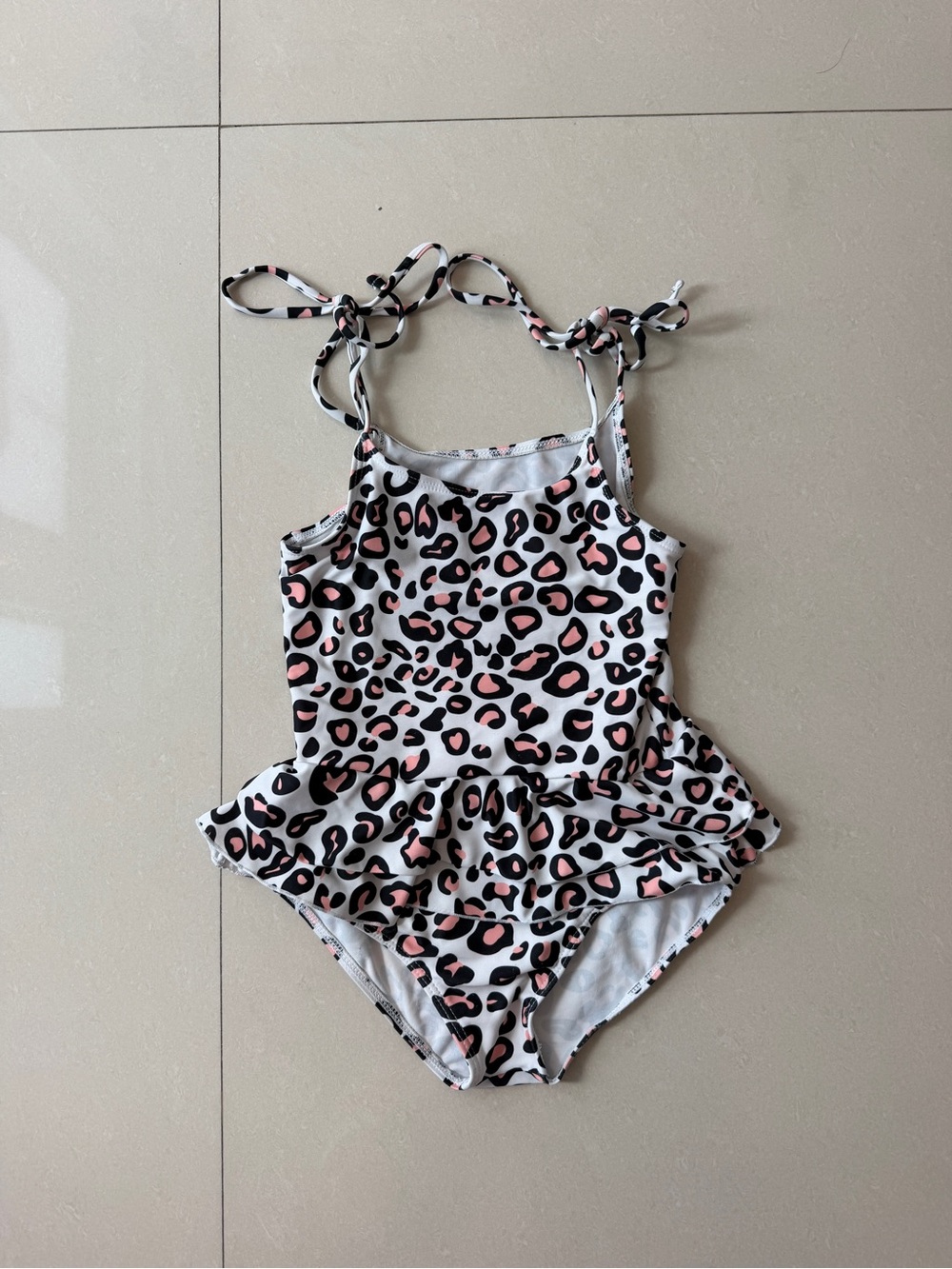 Kids Leopard Print Pink & Black Ruffle One-Piece Swimsuit